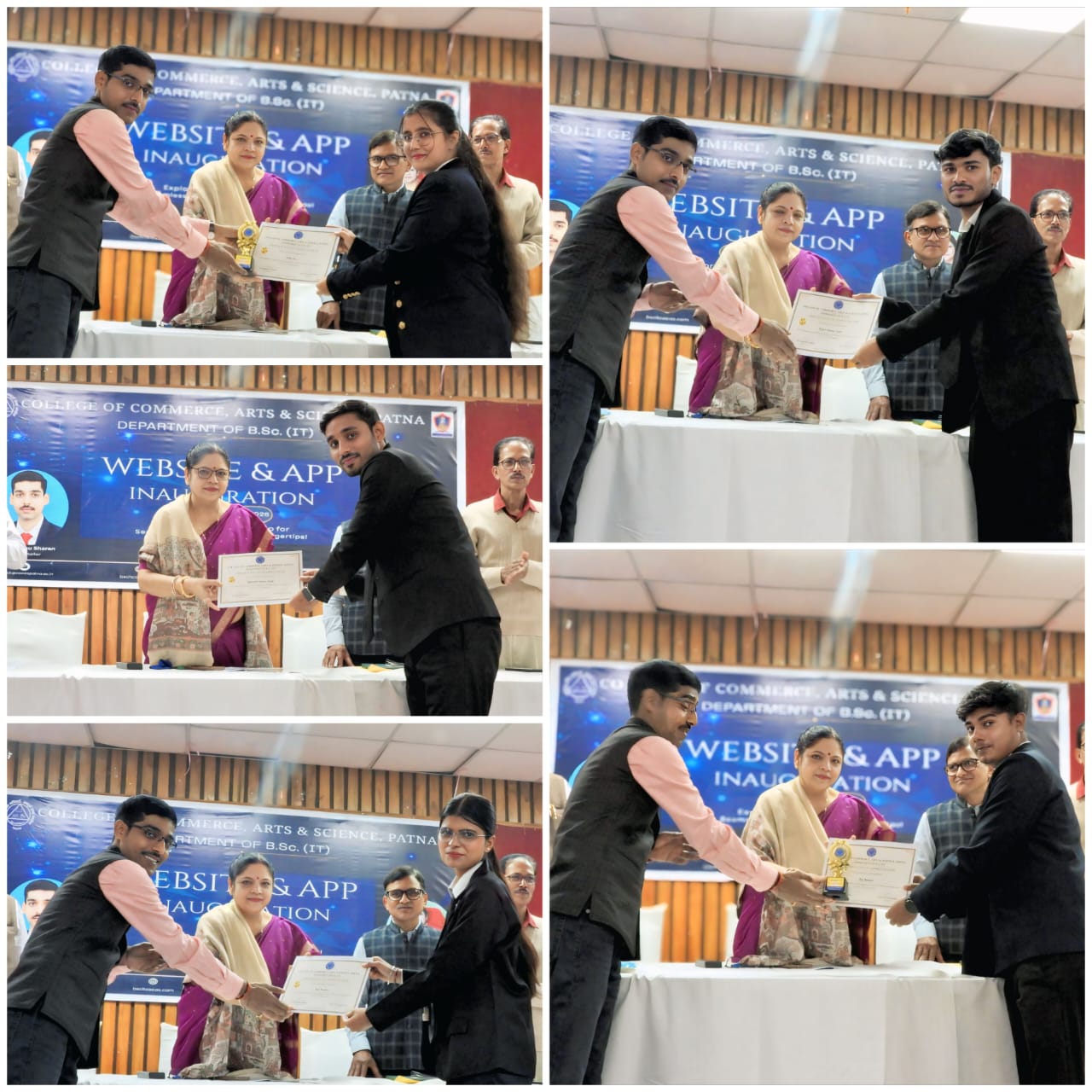 Principal Ma’am awarding B.Sc. (IT) students for website development.